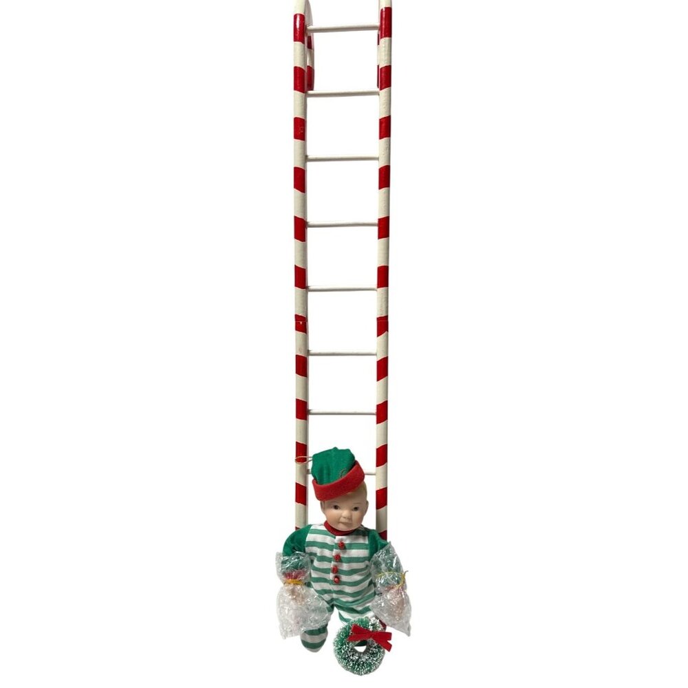 Vintage Elf Doll With Candy Cane Striped Ladder Christmas Decor